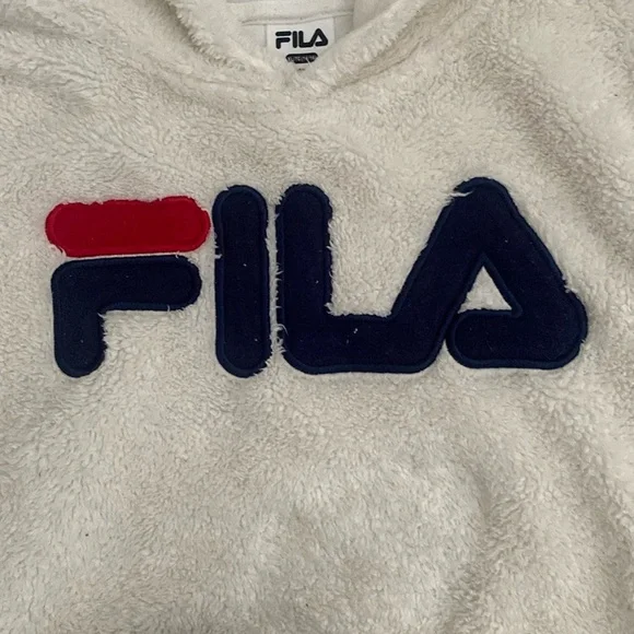 FILA Long sleeved Cream & Navy Fleece Teddy Bear Hoodie Girls size 14/16 X-Large - Picture 3 of 13